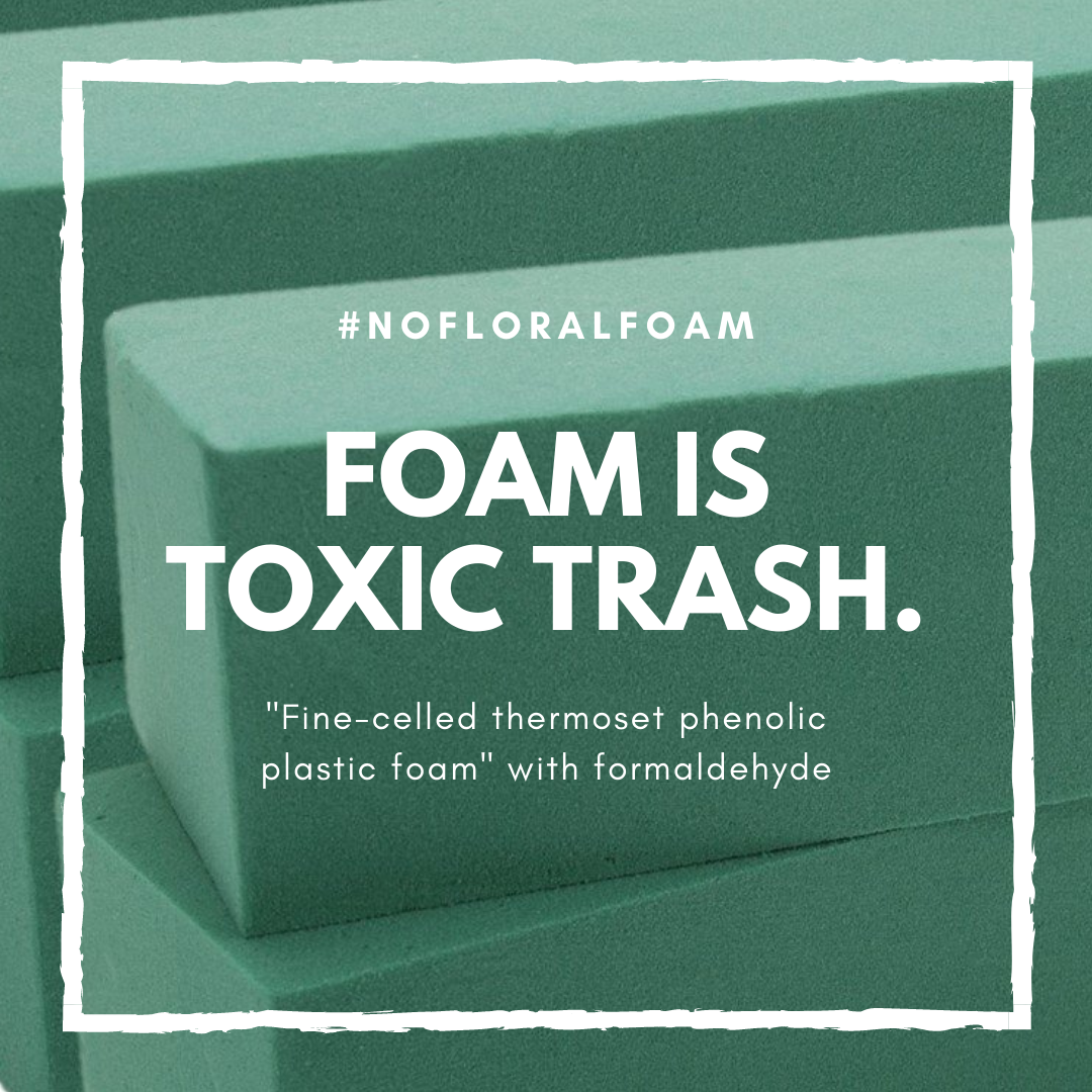 Carolyn-Kulb-Sustainable-Floristry-Foam-Free A picture of floral foam with the overlay "Foam is toxic trash"
